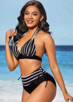 Stripe Print Black Tie Back Bikini Set -AquaLina Store 288992 P 16372200646922