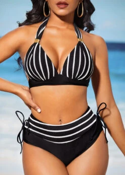 Stripe Print Black Tie Back Bikini Set