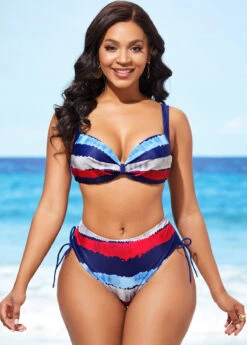 Mid Waist Color Block Drawstring Side Bikini Set