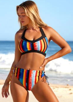 Halter Rainbow Stripe Mid Waist Bikini Set -AquaLina Store 289045 P 16390124471593