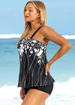 Floral Print Wide Strap Black Tankini Set -AquaLina Store 289049 P 16388809312672