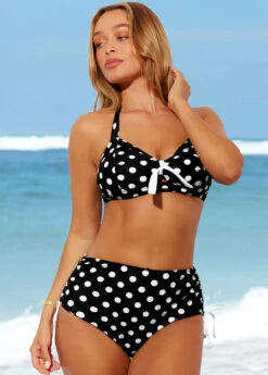 Polka Dot Black High Waisted Halter Bikini Set