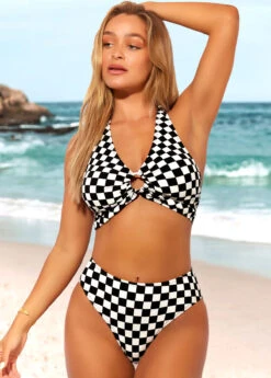 Color Block High Waisted Checkered Print Bikini Set -AquaLina Store 289076 P 16387960851404