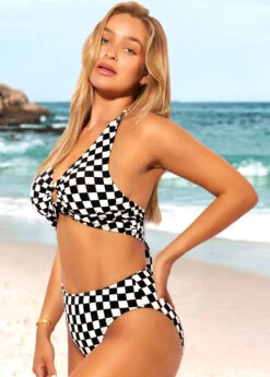 Color Block High Waisted Checkered Print Bikini Set -AquaLina Store 289076 P 16387960854682