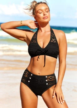 Black Lace Patchwork Decorative Button Bikini Set