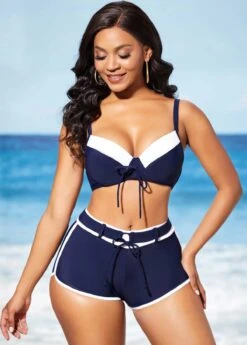 Navy Blue Mid Waist Drawstring Front Bikini Set -AquaLina Store 289087 P 16376437151183