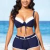 Navy Blue Mid Waist Drawstring Front Bikini Set -AquaLina Store 289087 P 16376437155430