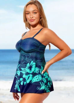 Floral Print Wide Strap Cyan Swimdress And Panty 9 Floral Print Wide Strap Cyan Swimdress And Panty -AquaLina Store 289165 P 16433542730562