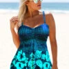 Floral Print Wide Strap Cyan Swimdress And Panty -AquaLina Store 289165 P 16433542738200
