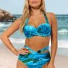 Marble Print Cyan High Waist Halter Bikini Set -AquaLina Store 289173 P 16390286052470