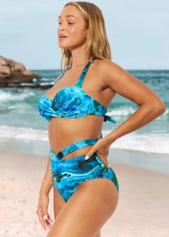 Marble Print Cyan High Waist Halter Bikini Set -AquaLina Store 289173 P 16390286058522