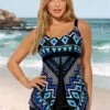 Cyan Tribal Print Wide Strap Tankini Set 1 Cyan Tribal Print Wide Strap Tankini Set -AquaLina Store 289283 P 16406822869940