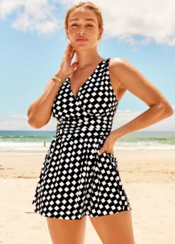 Color Block Checkered Print Cutout Swimdress Set