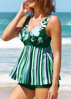 Dark Green Striped Wide Strap Tankini Set -AquaLina Store 289321 P 16435258594446