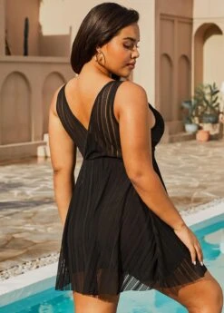 Plus Size Mesh Stitching Black Layered Swimdress Set -AquaLina Store 289870 P 16366829210151