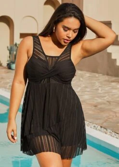 Plus Size Mesh Stitching Black Layered Swimdress Set -AquaLina Store 289870 P 16366829210882