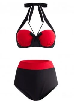 Bowknot High Waisted Color Block Bikini Set