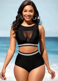 High Waisted Black Mesh Stitching Bikini Set