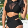 Mesh Stitching High Waisted Black Bikini Set -AquaLina Store 290249 P 16473372040990