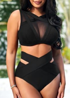 Mesh Stitching High Waisted Black Bikini Set -AquaLina Store 290249 P 16473372049093
