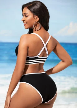 Black Contrast Stitch Cross Strap Bikini Set -AquaLina Store 290262 P 16381851976032