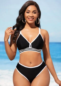 Black Contrast Stitch Cross Strap Bikini Set