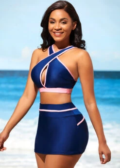 Navy Blue Contrast Stitch High Waist Bikini Set -AquaLina Store 290323 P 16387933346452