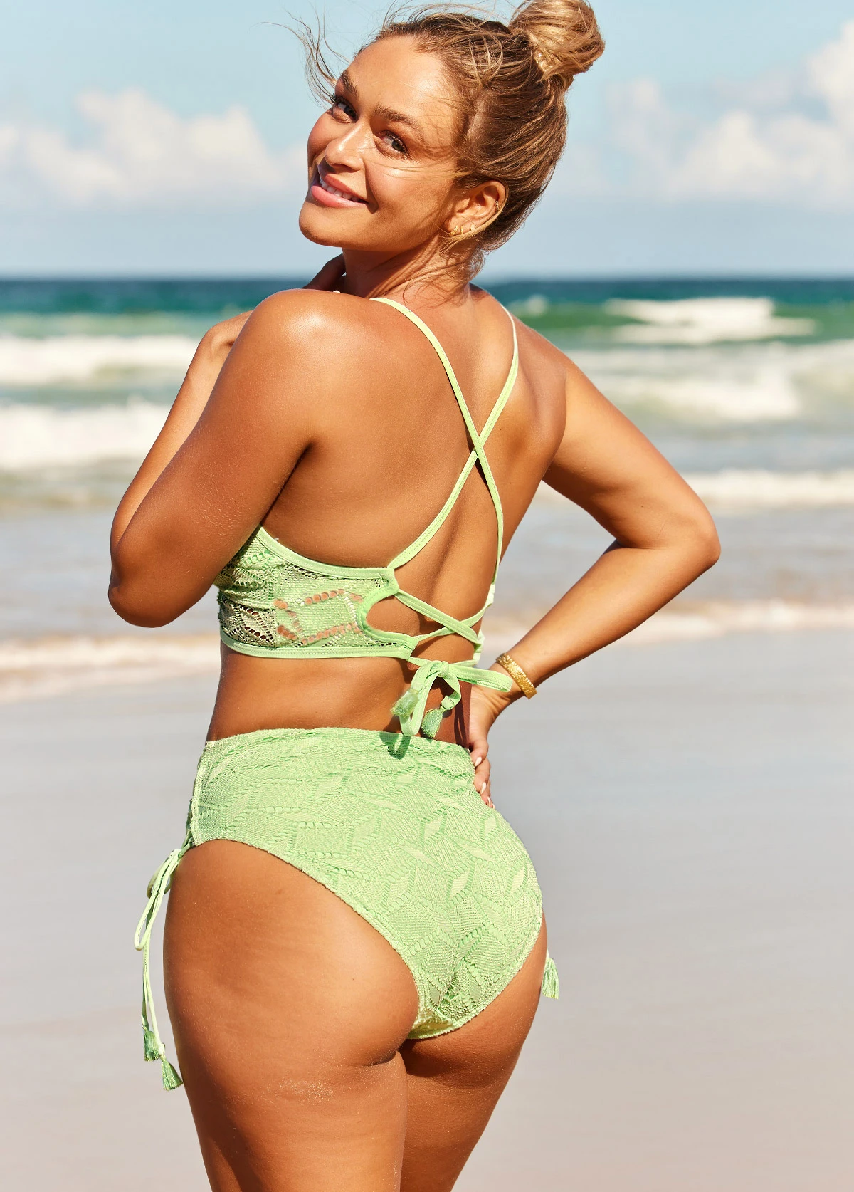 Mint Green Cross Strap Lace Panel Bikini Set 4 Mint Green Cross Strap Lace Panel Bikini Set - Image 2