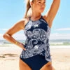 Cross Strap Navy Blue Paisley Print Tankini Set