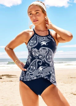 Cross Strap Navy Blue Paisley Print Tankini Set -AquaLina Store 290434 P 16391039697803