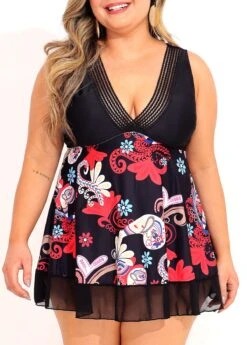Mesh Stitching Tribal Print Plus Size Swimdress Set