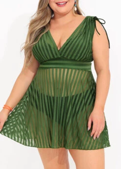 Plus Size Striped Olive Green Swimdress Set -AquaLina Store 290725 P 16403303169922