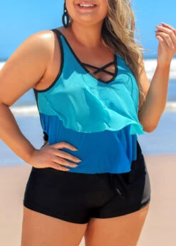 Blue Plus Size Layered Hem Cross Strap Tankini Set 10 Blue Plus Size Layered Hem Cross Strap Tankini Set -AquaLina Store 291157 P 16408604690042