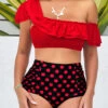 Polka Dot High Waist Flounce Red Smocked Bikini Set -AquaLina Store 291211 P 16466490773920