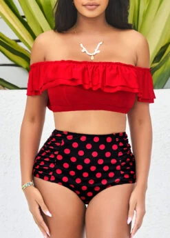 Polka Dot High Waist Flounce Red Smocked Bikini Set -AquaLina Store 291211 P 16466490779013