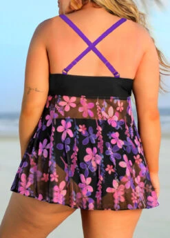 Plus Size Floral Print Purple Swimdress Set -AquaLina Store 291388 P 16424092110681