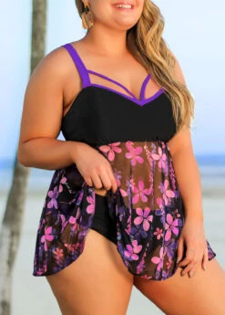 Plus Size Floral Print Purple Swimdress Set -AquaLina Store 291388 P 16424092119522
