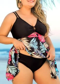 Plus Size Tropical Print Black Swimdress Set -AquaLina Store 291412 P 16409404570652