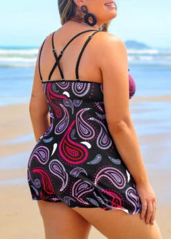 Paisley Print Cross Strap Plus Size Black Swimdress Set -AquaLina Store 291447 P 16408603078061
