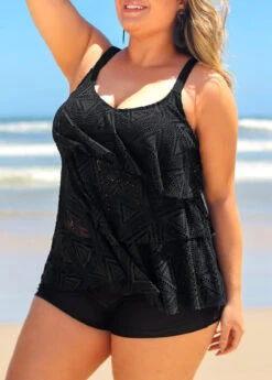 Plus Size Black Lace Layered Hem Tankini Set -AquaLina Store 291450 P 16408603027612