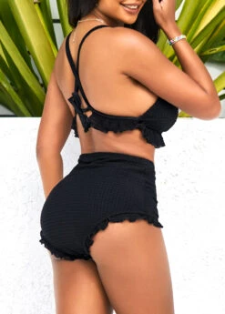 High Waisted Black Flounce Criss Cross Back Bikini Set -AquaLina Store 291488 P 16400857498951