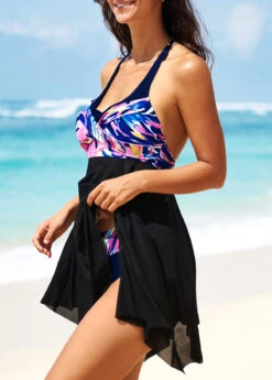 Floral Print Black Asymmetric Hem Swimdress And Panty -AquaLina Store 291523 P 16408512183772