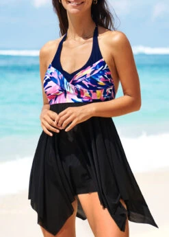 Floral Print Black Asymmetric Hem Swimdress And Panty -AquaLina Store 291523 P 16408512188583
