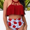 Cage Neck High Waisted Red Bikini Set -AquaLina Store 292431 P 16405998831733