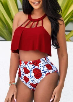 Cage Neck High Waisted Red Bikini Set -AquaLina Store 292431 P 16405998834462