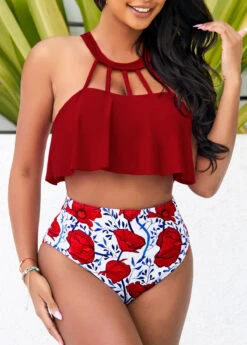 Cage Neck High Waisted Red Bikini Set -AquaLina Store 292431 P 16405998838370