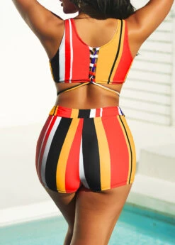 High Waisted Stripe Print Multi Color Bikini Set 7 High Waisted Stripe Print Multi Color Bikini Set -AquaLina Store 292625 P 16424101361551