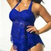 Lace Trim Royal Blue High Waisted Tankini Set
