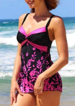 Leaf Print Twist Front Hot Pink Swimdress And Panty -AquaLina Store 293904 P 16424215726922