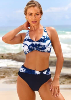 Tie Dye Print Navy Blue Front Cross Bikini Set